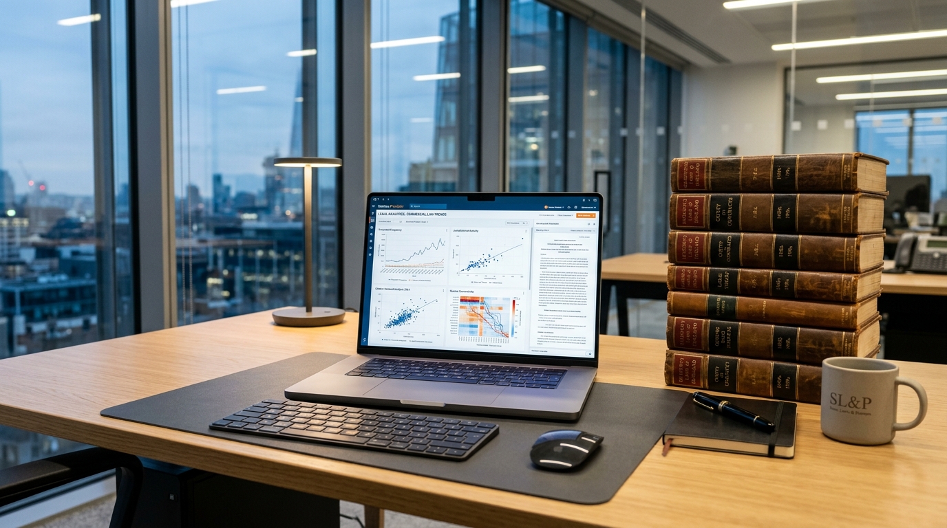 A modern, minimalist law office desk with a laptop showing