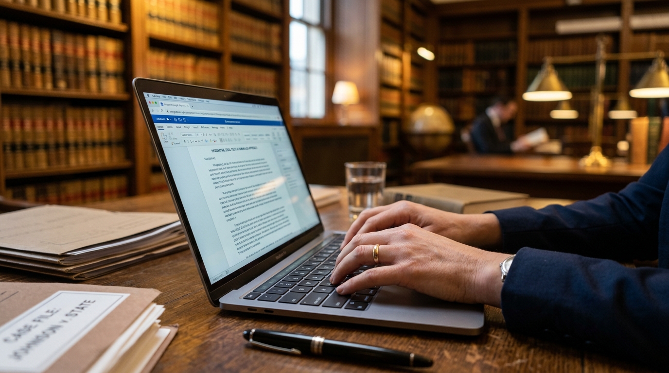 A close-up of an attorney’s hands typing on a laptop,