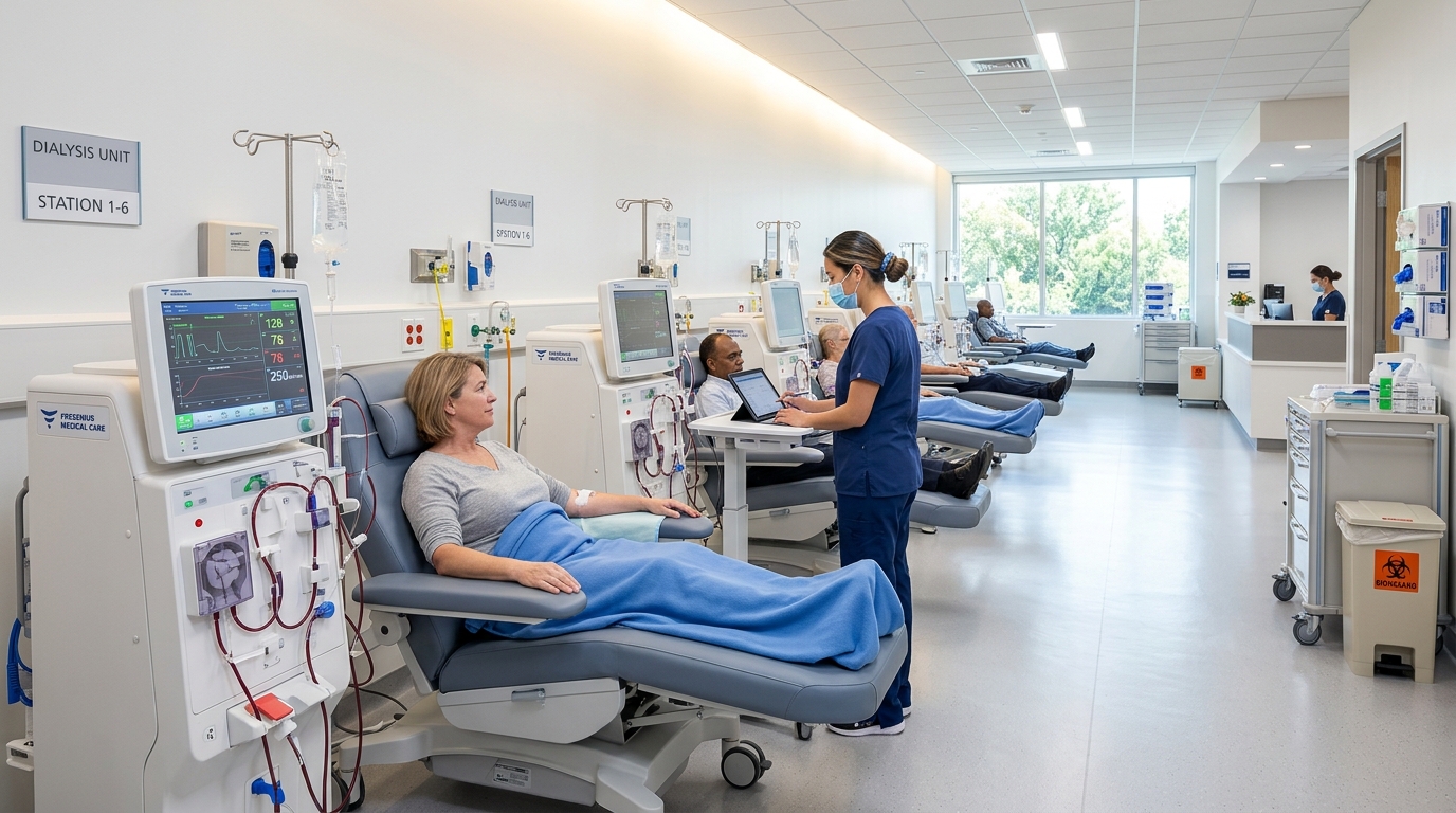 A clean, modern medical facility interior showing a row of