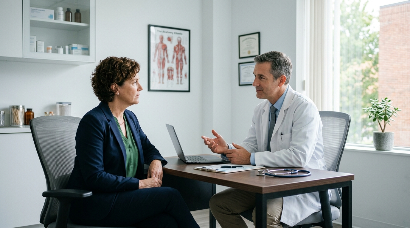 A patient talking to a medical professional in a calm,