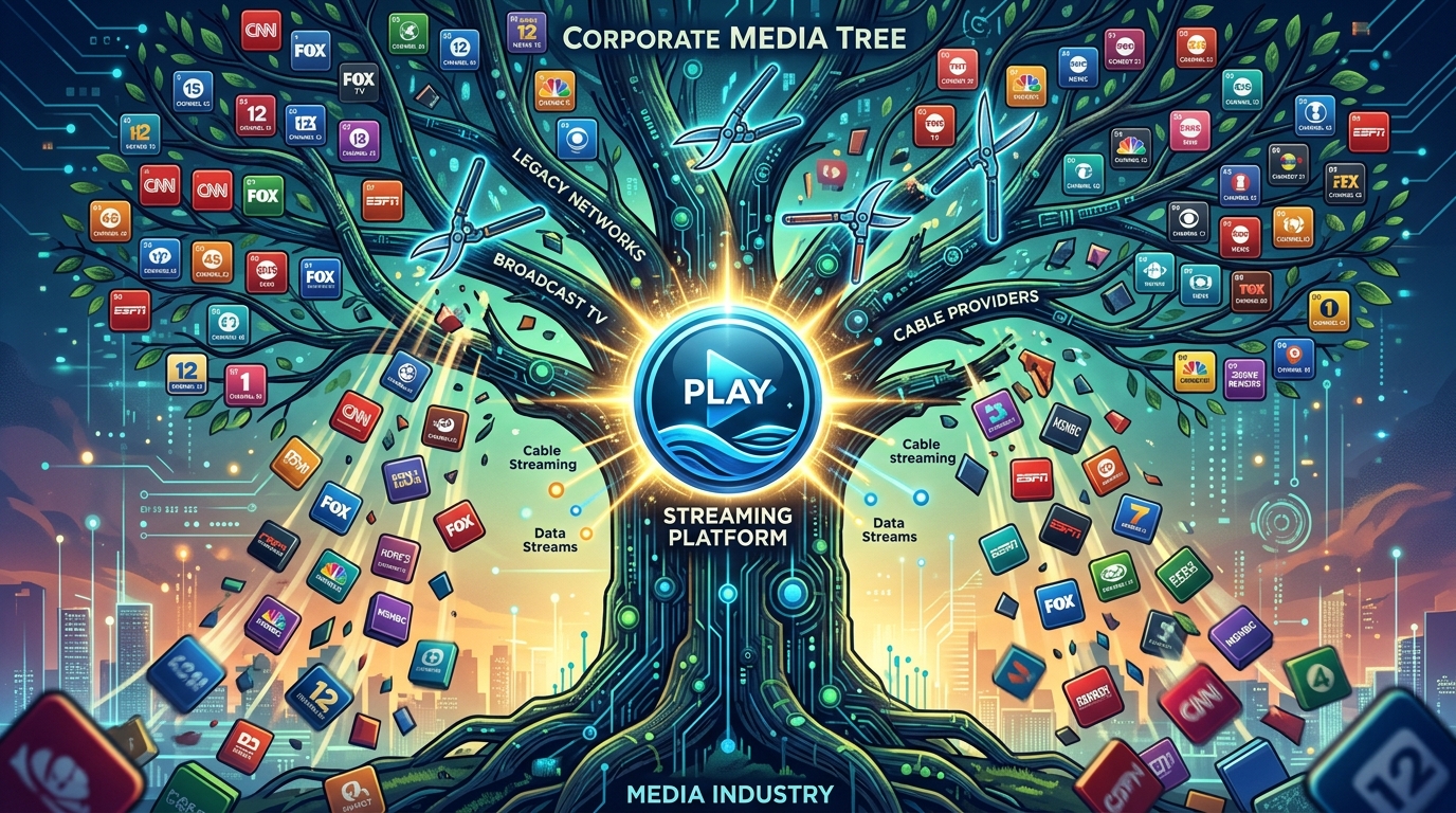 A conceptual digital graphic showing a large corporate tree being