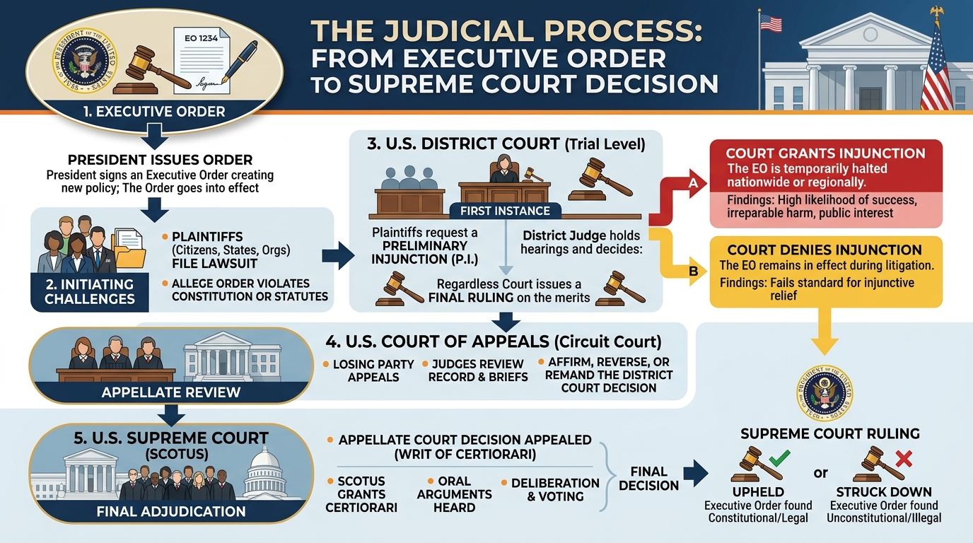 A graphic representation showing the flow of the judicial process