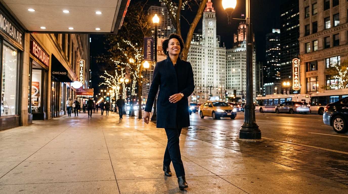 A person walking confidently down a well-lit Chicago city street