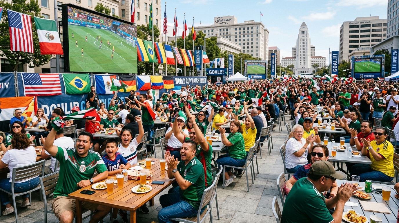 An eye-level view of a crowded outdoor public square in