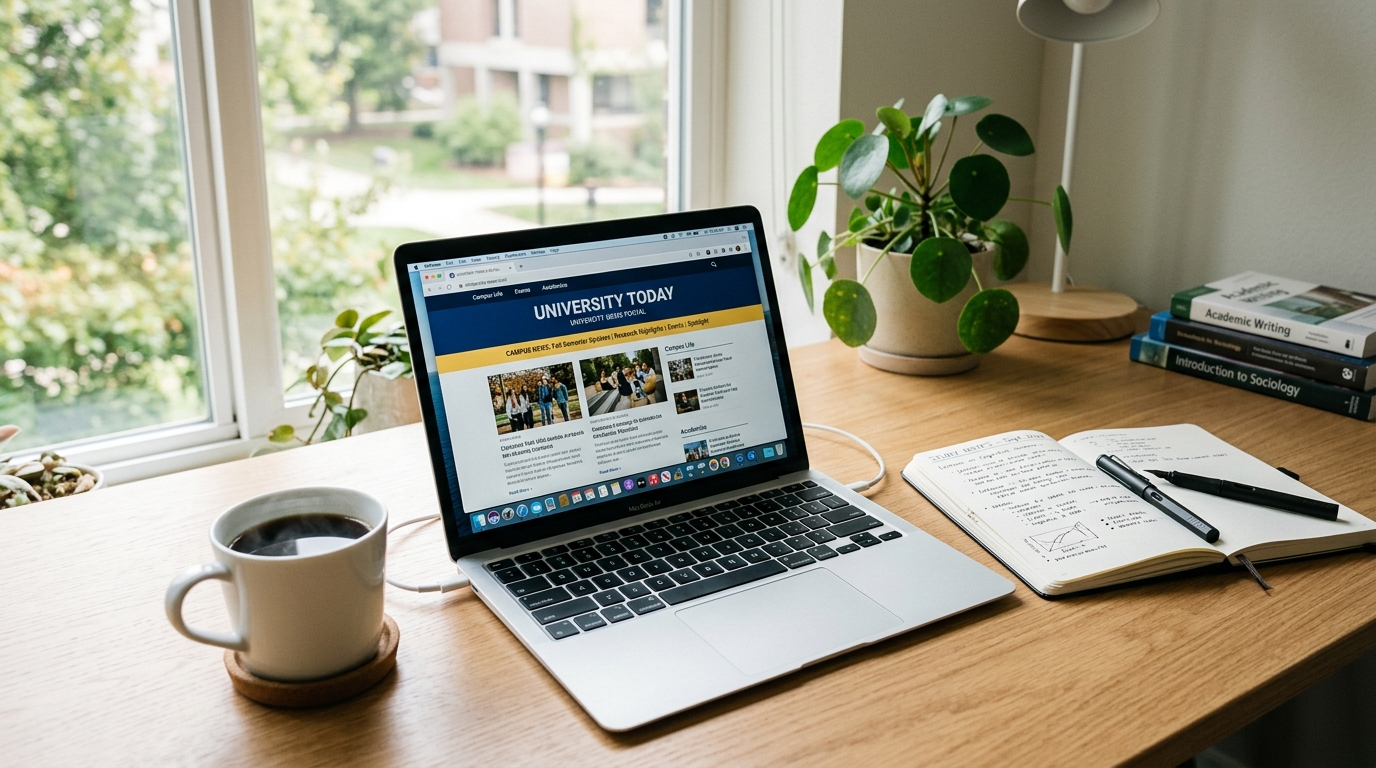 A clean, modern desk setup with a laptop showing a