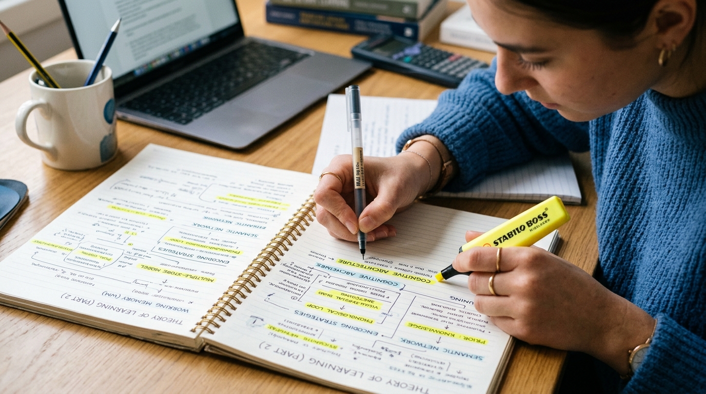A close-up of someone writing in a notebook, highlighting key