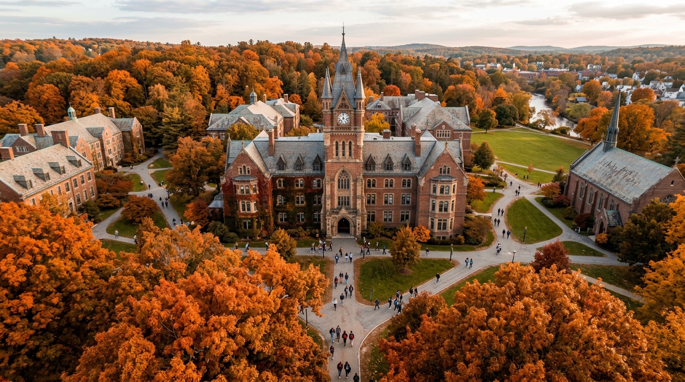 An aerial view of a university campus during autumn, focusing