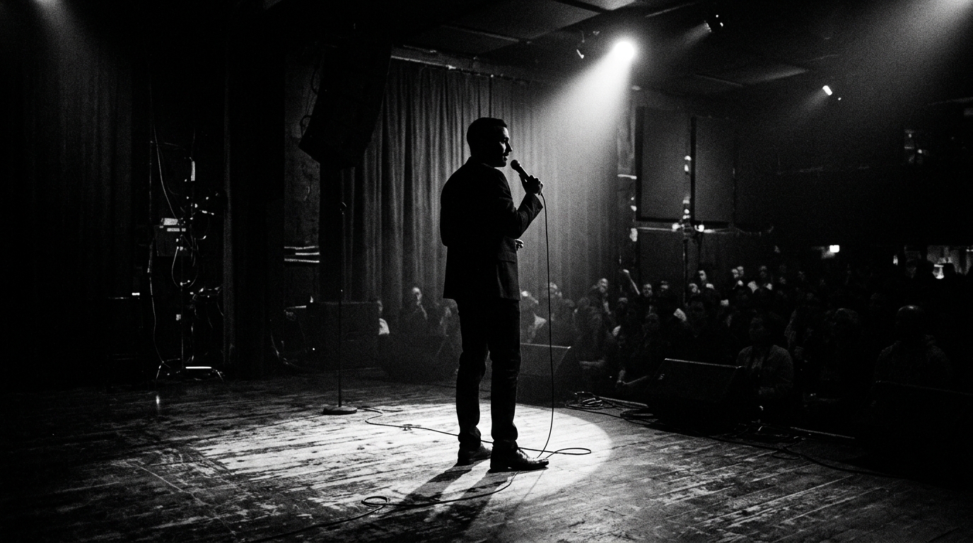 A silhouette of a comedian standing on a dark, sparsely