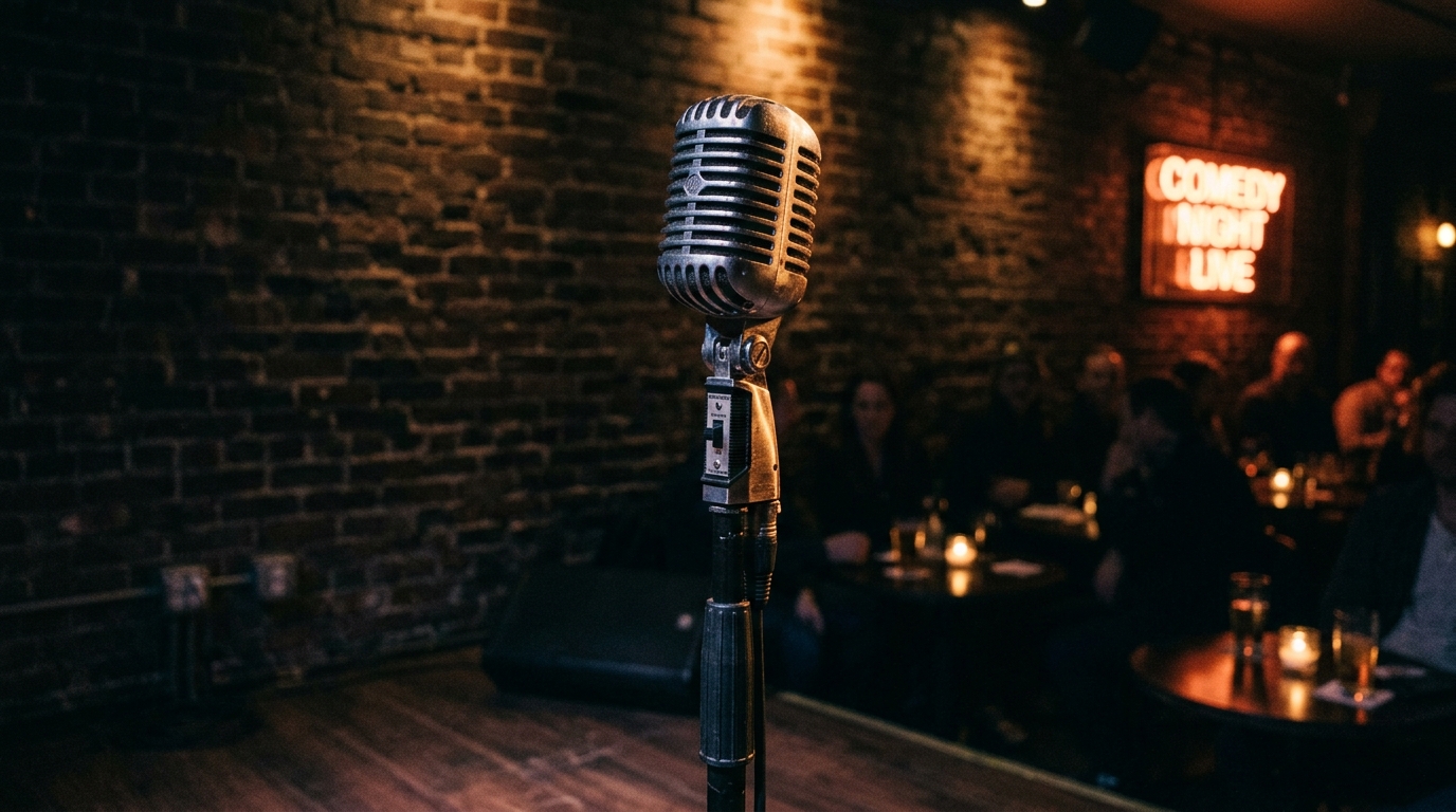 A close-up, dimly lit view of a vintage microphone on