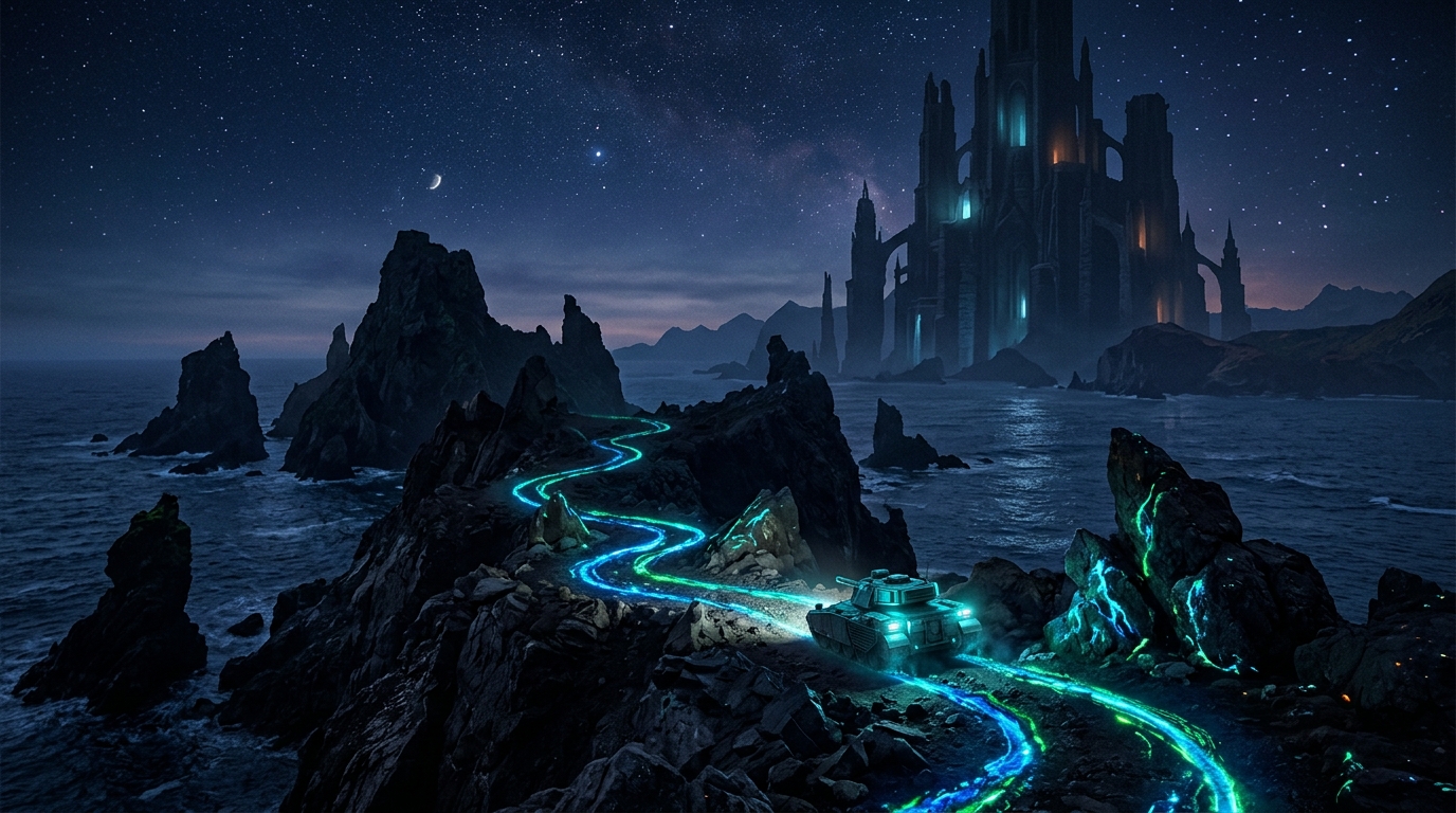A wide-angle, atmospheric shot of the Spirhalite Islands at dusk,