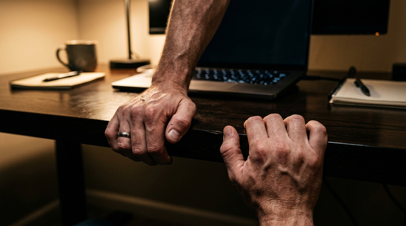 A close-up, high-contrast shot of a person's hands gripping the