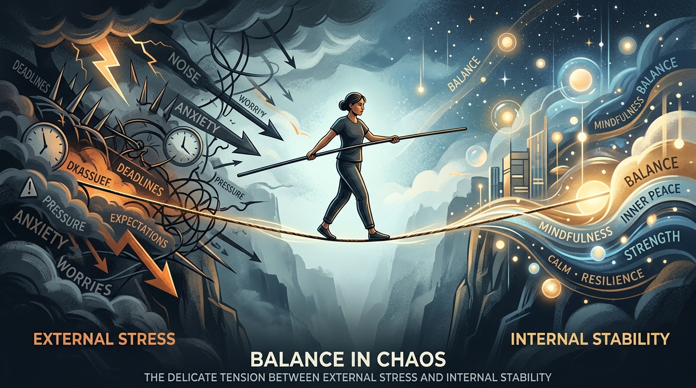 A conceptual illustration of a person balancing on a tightrope,