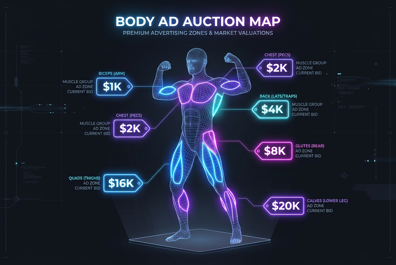 Body Ad Auction Map showing pricing zones across muscle groups