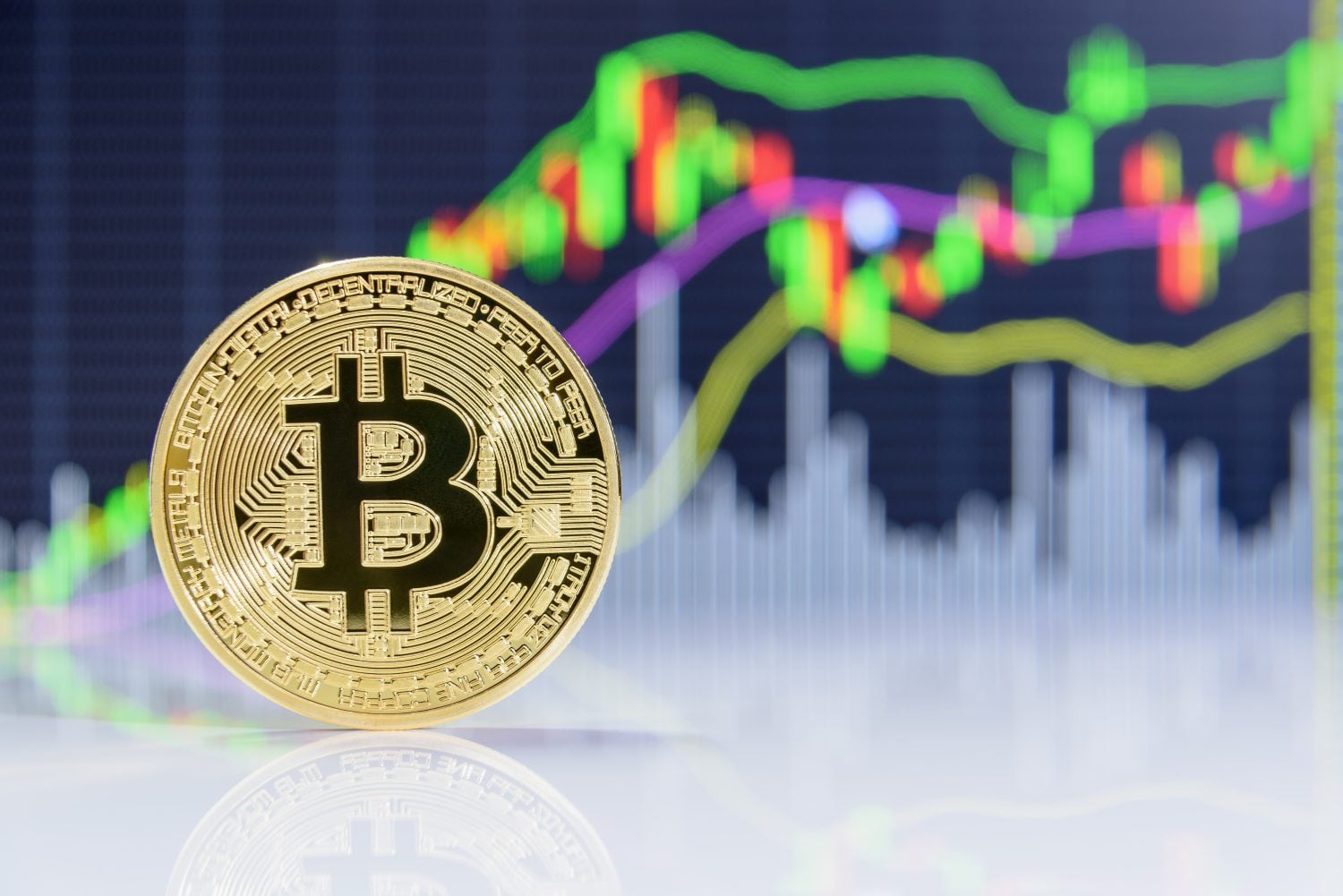 A close-up of a golden Bitcoin physical coin, featuring the 'B' symbol and circular text 'BITCOIN DIGITAL DECENTRALIZED PEER TO PEER,' stands on a reflective white surface. In the blurred background,