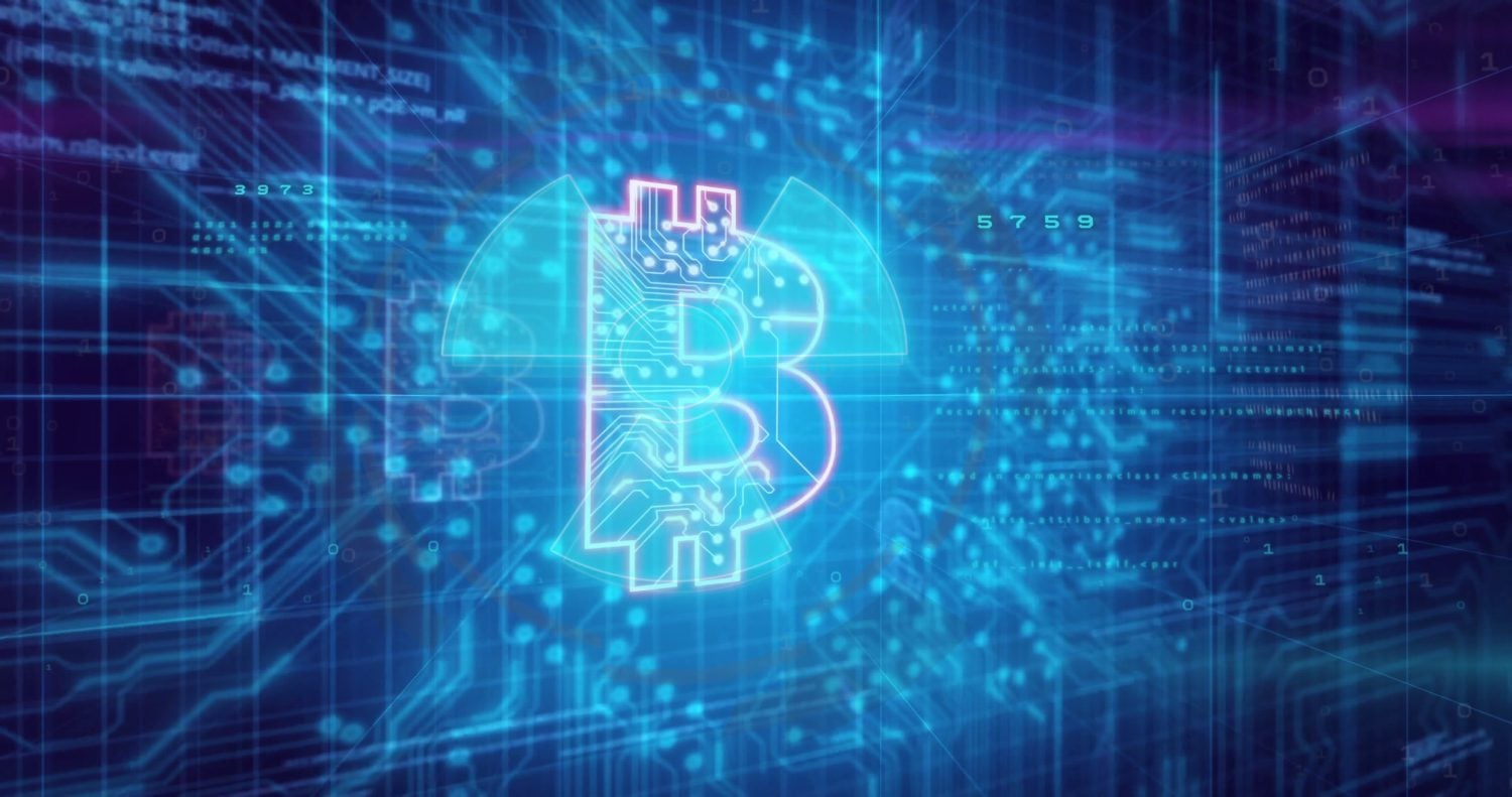 A neon blue and pink Bitcoin symbol, stylized with internal circuit board