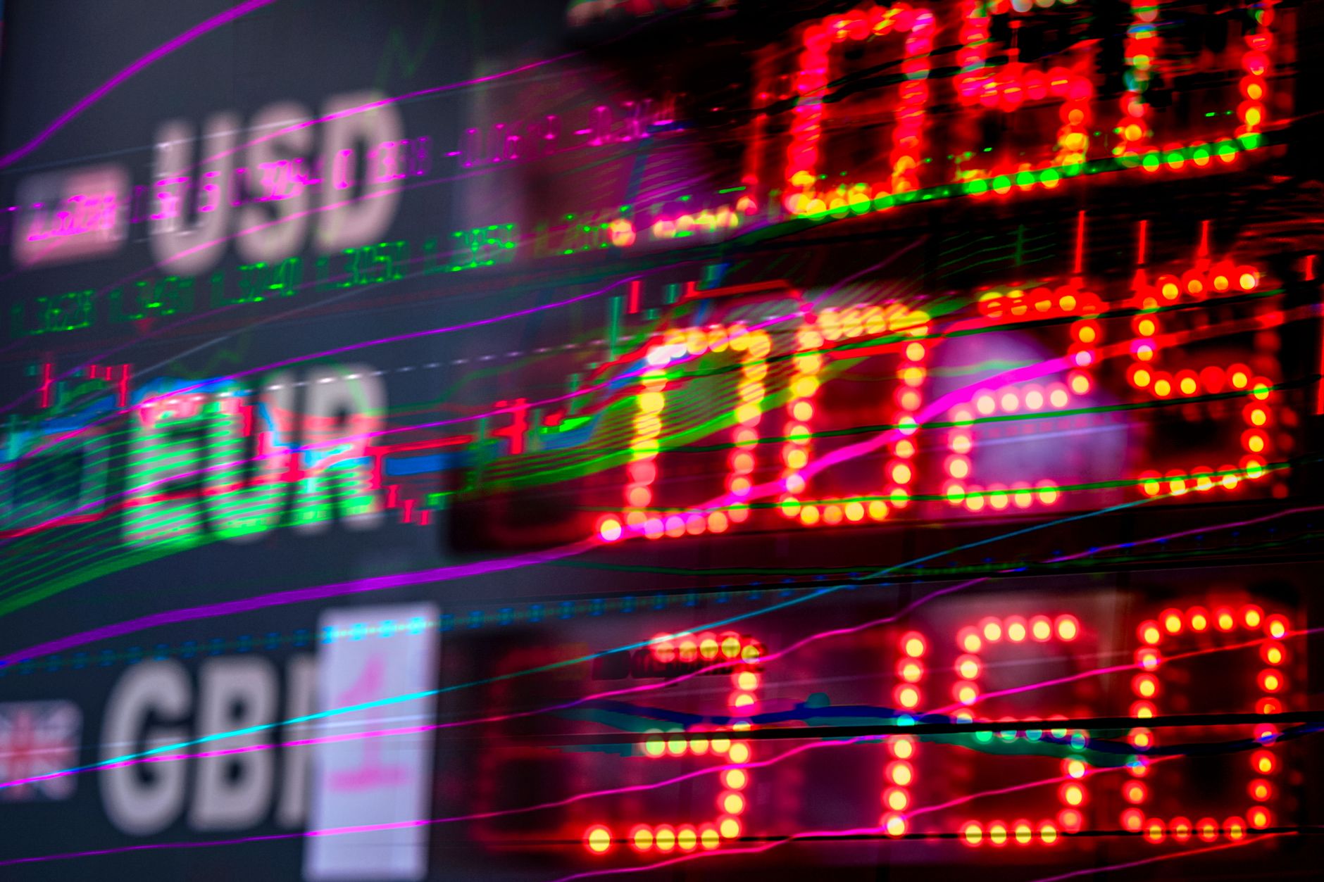 Vibrant stock market display showing exchange rates for USD, EUR, and GBP.