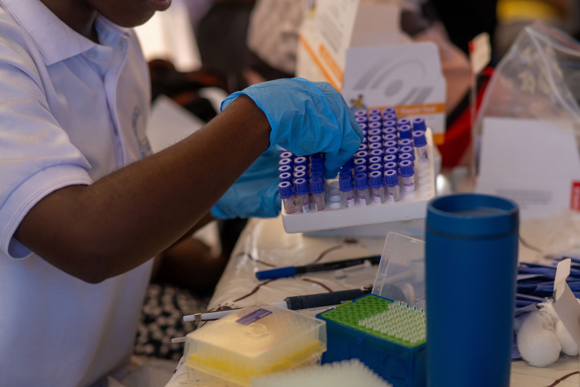 A healthcare professional organizing test tubes in a lab, focusing on precision and care.