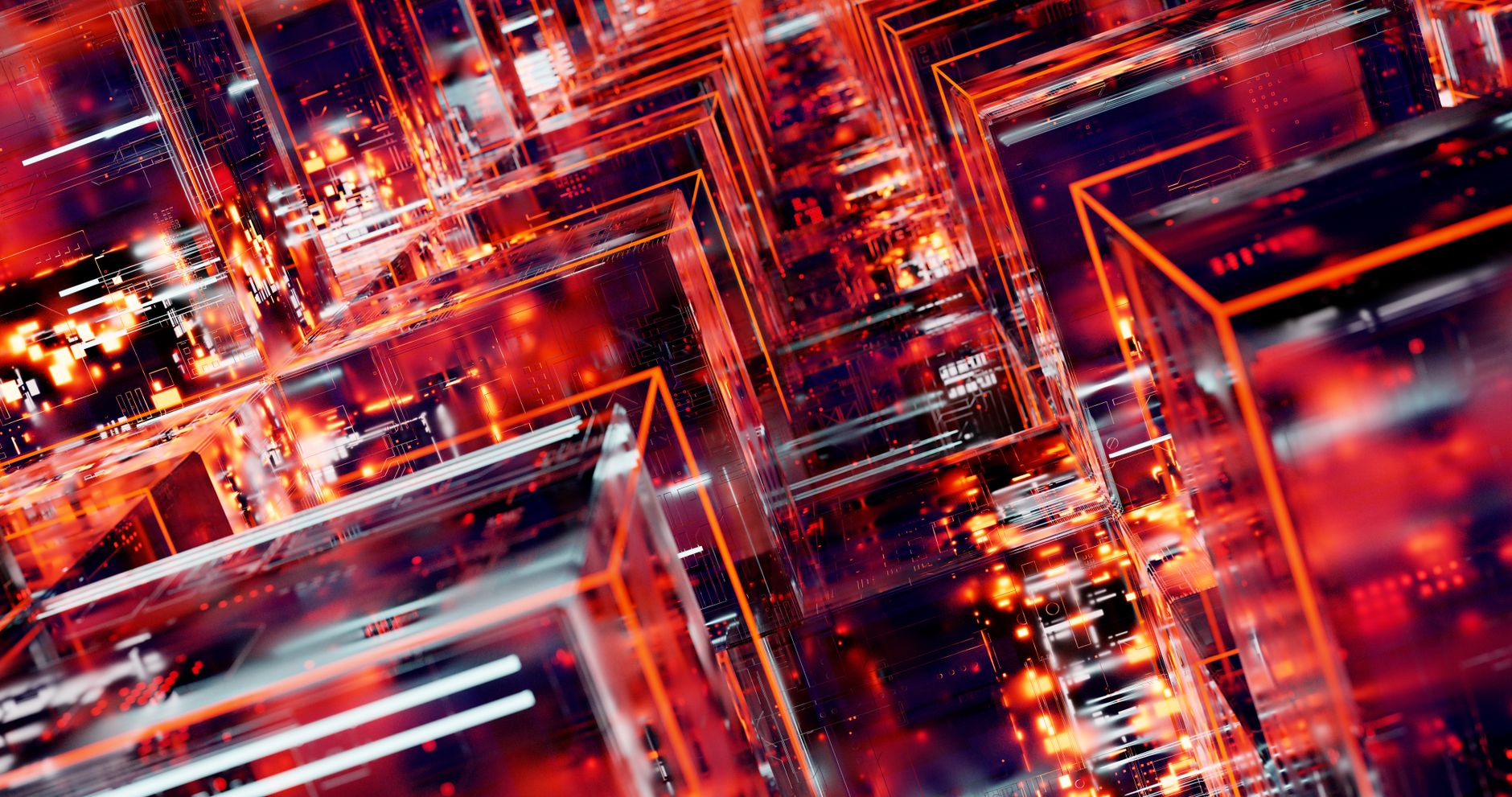 Vibrant abstract digital art featuring geometric blocks with LED light effects in