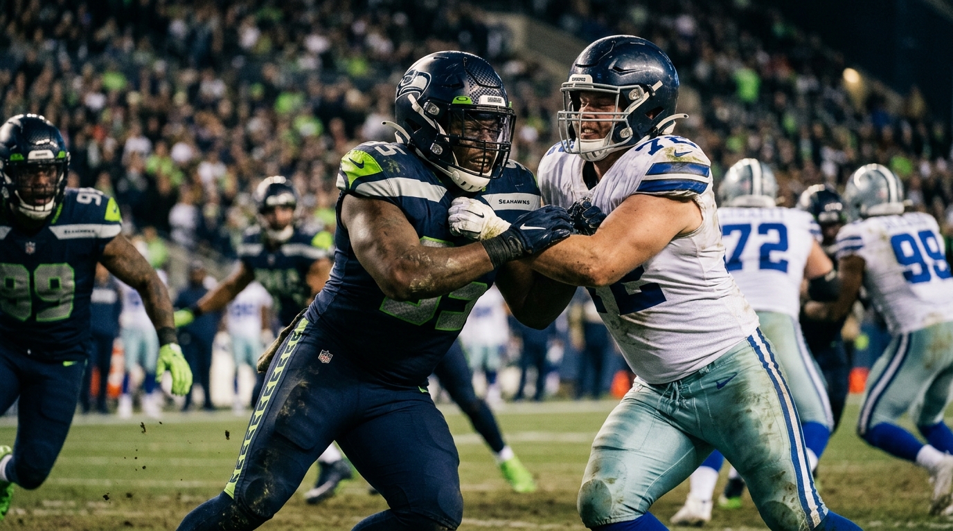 A close-up, high-action photograph of an NFL defensive lineman in the trenches,