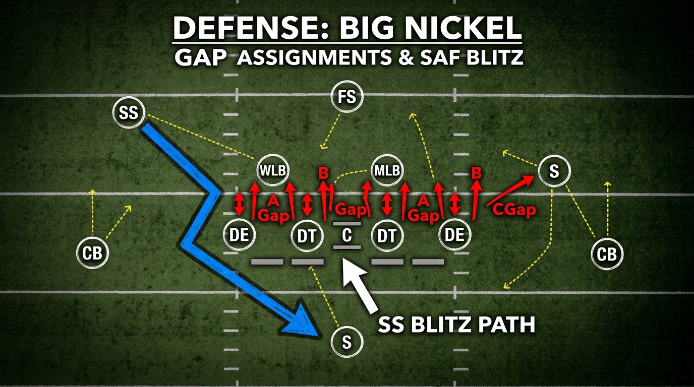 A conceptual, high-contrast overhead shot of an NFL defensive play diagram, showing