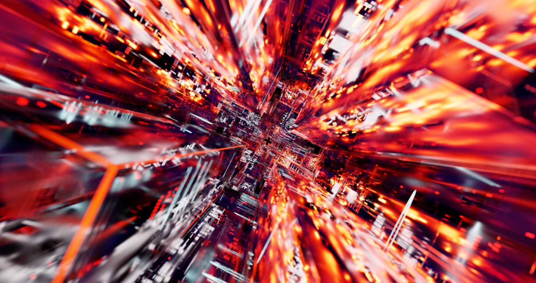 Abstract 3D digital light burst with vivid warm tones, suggesting high-speed data