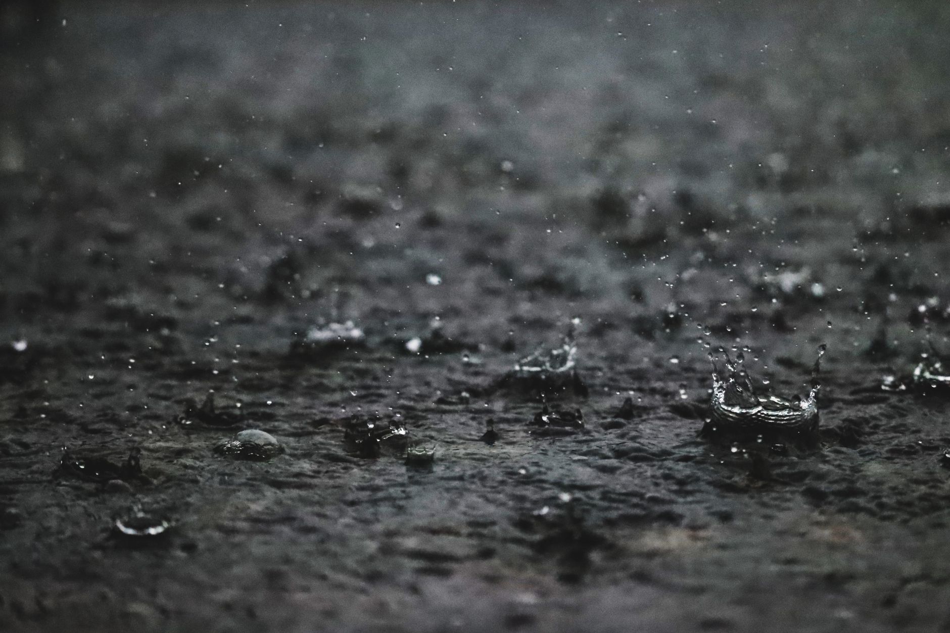 Close-up of raindrops hitting a pavement, creating ripples and splashes.