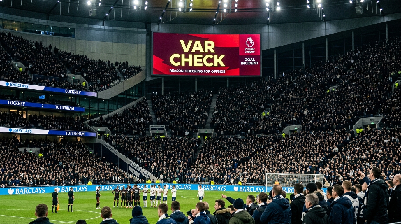 A wide shot of a modern Premier League stadium at night, with