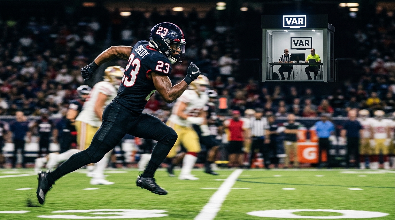 A close-up, high-action shot of a football player mid-sprint, with motion blur,