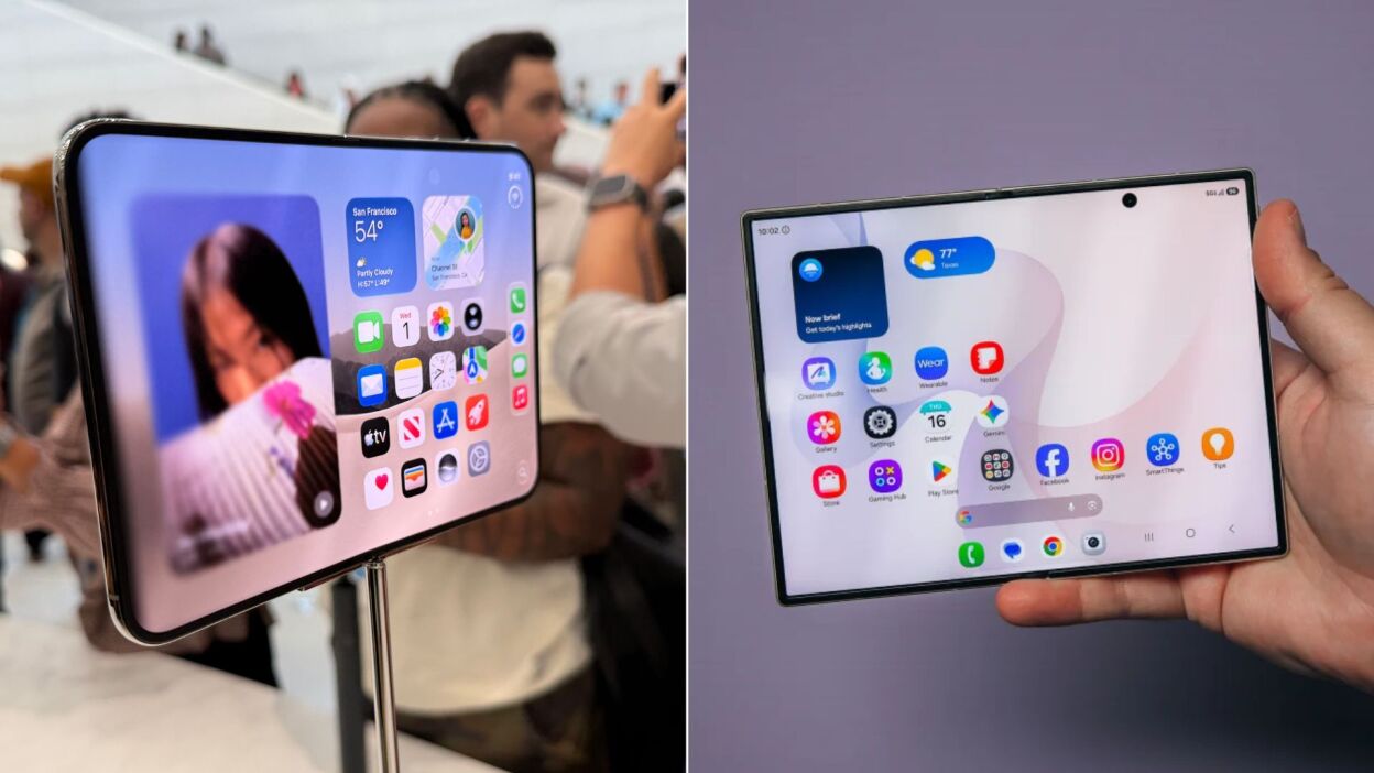 side by side photos of apple iphone duo and galaxy z fold