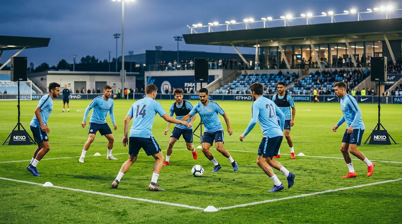 A vibrant, professional training pitch with high-tech speakers positioned around the perimeter,