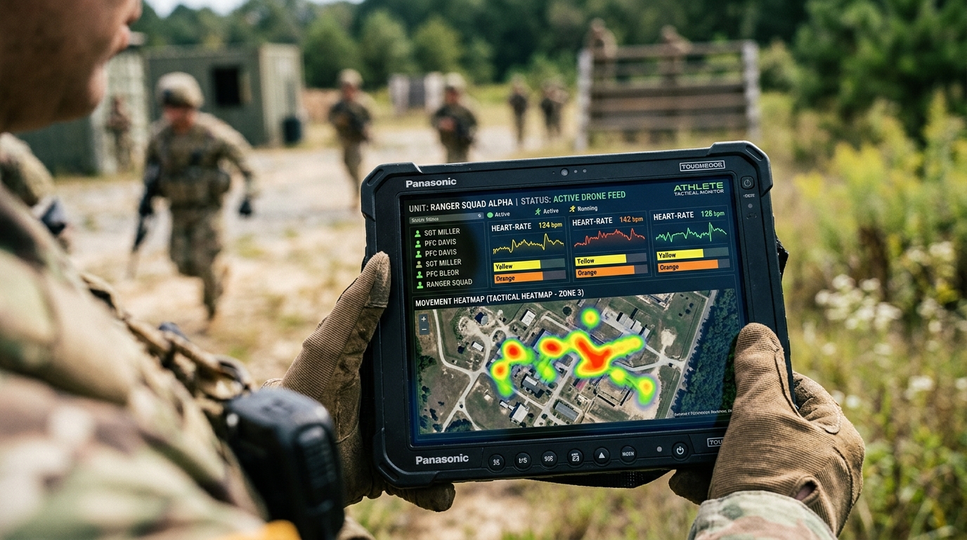 A close-up view of a high-tech tactical tablet showing live player heart-rate