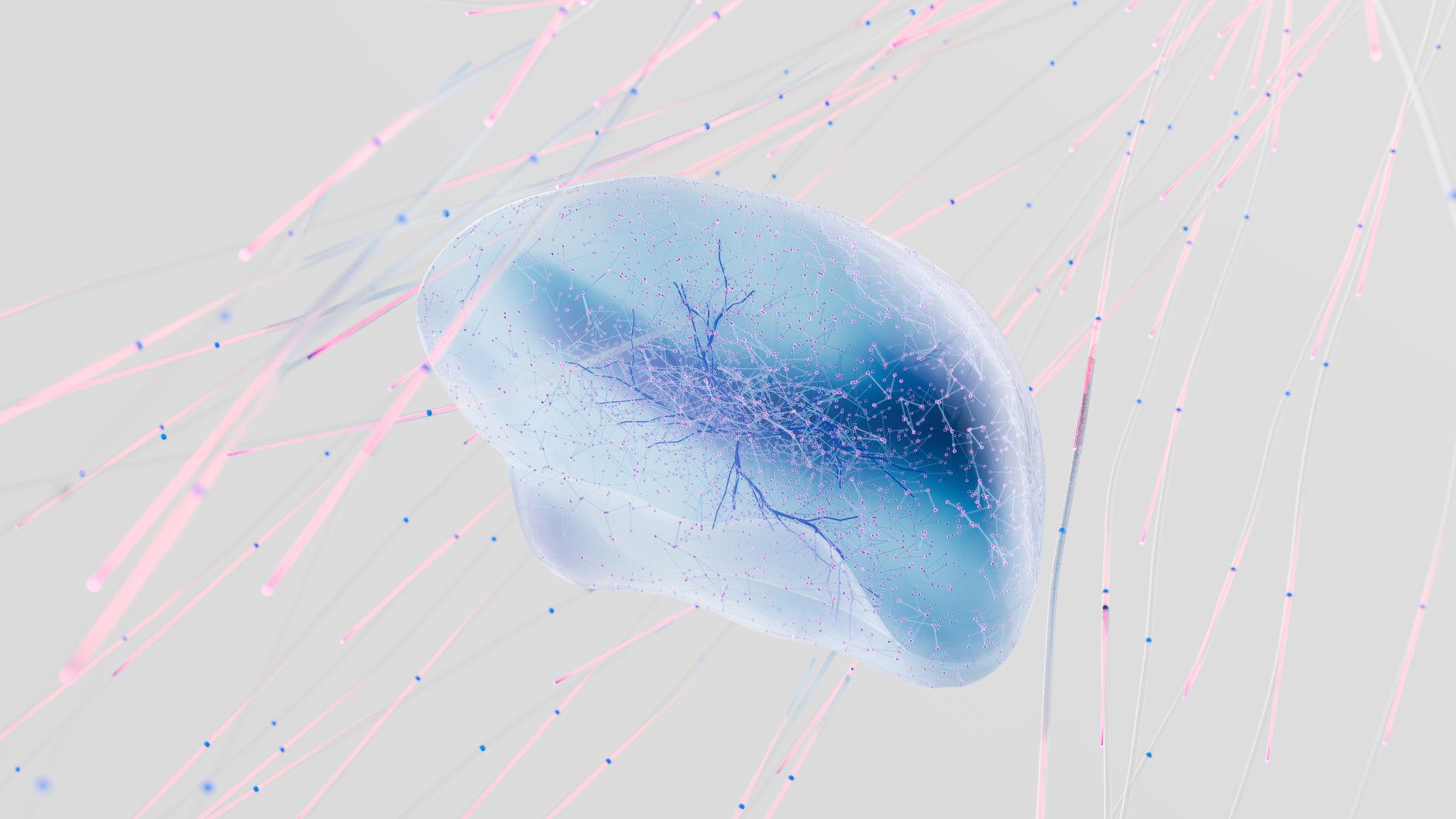 A 3D rendering of a neural network with abstract neuron connections in