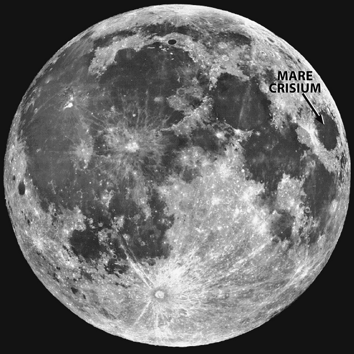 Mare Crisium, an ancient, 350-mile-diameter impact basin that subsequently filled with lava.