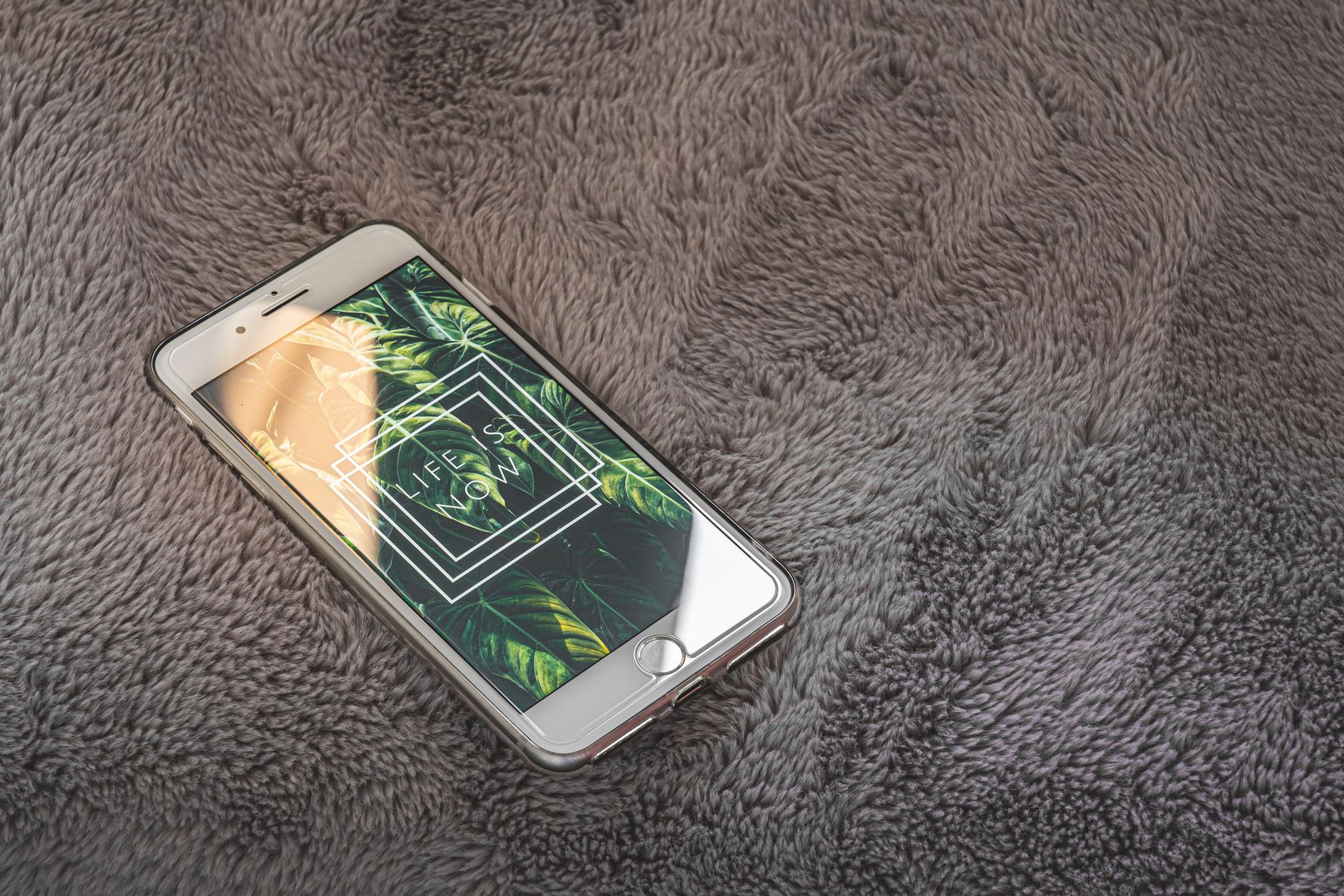 A smartphone displaying 'Life Is Now' on a cozy gray textured surface.