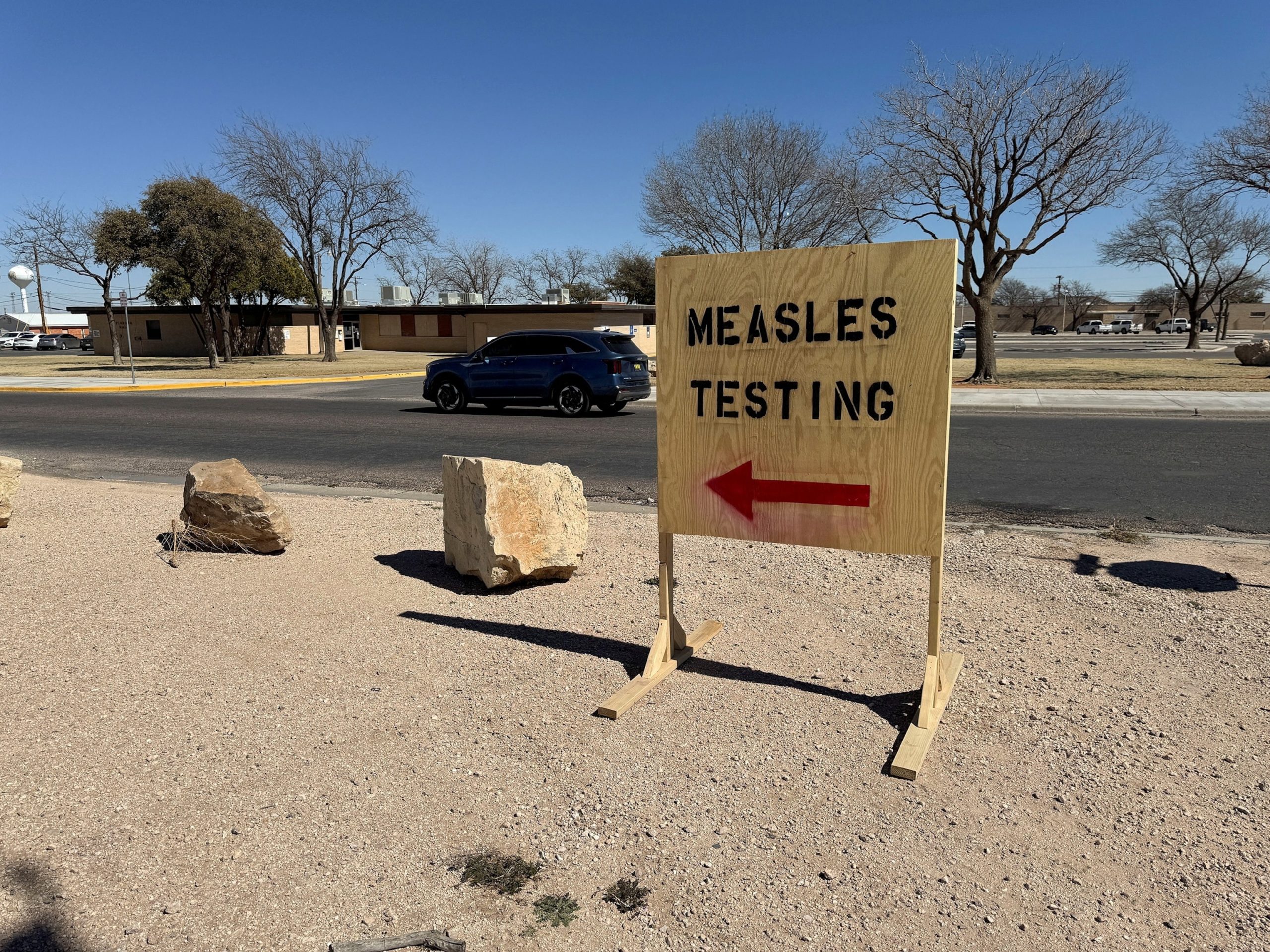A sign reading "measles testing" is seen as an outbreak in Gaines County, Texas, has raised concerns over its spread to other parts of the state, in Seminole, Texas, February 25, 2025.Sebastian Rocand