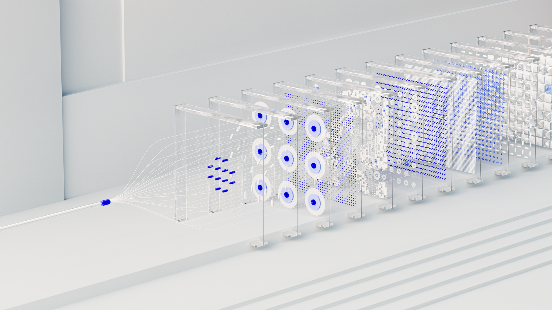 Visual abstraction of neural networks in AI technology, featuring data flow and