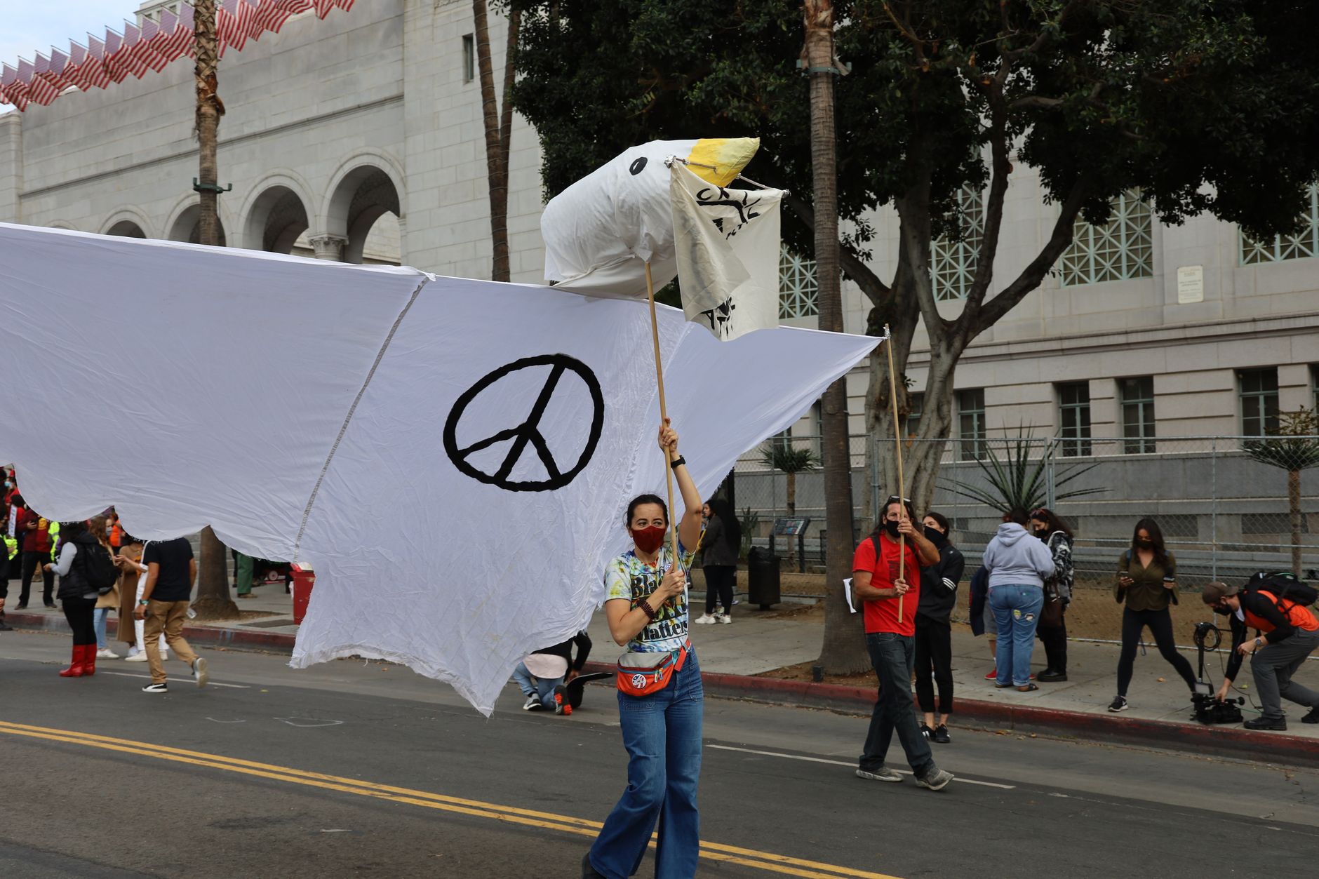 A protester in Los Angeles carries a peace dove banner with a