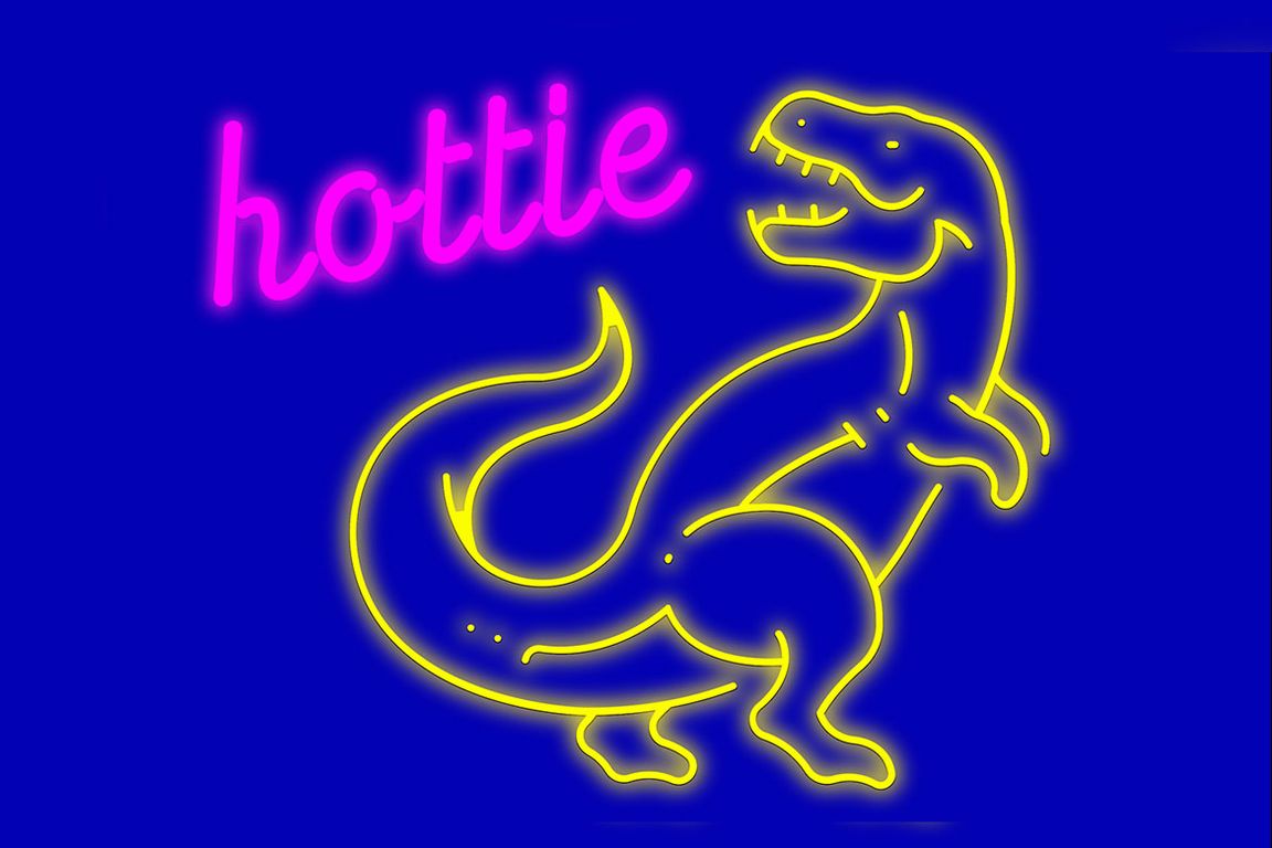 Neon-style illustration of a yellow outlined dinosaur with a long tail, beside the pink glowing word “hottie” on a blue background.