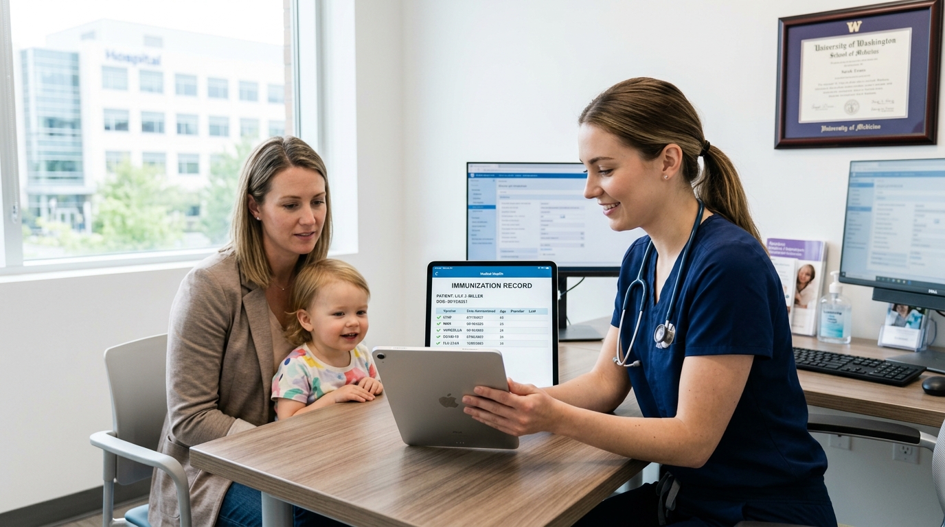 A clinical, clean, and modern medical office setting with a focus on
