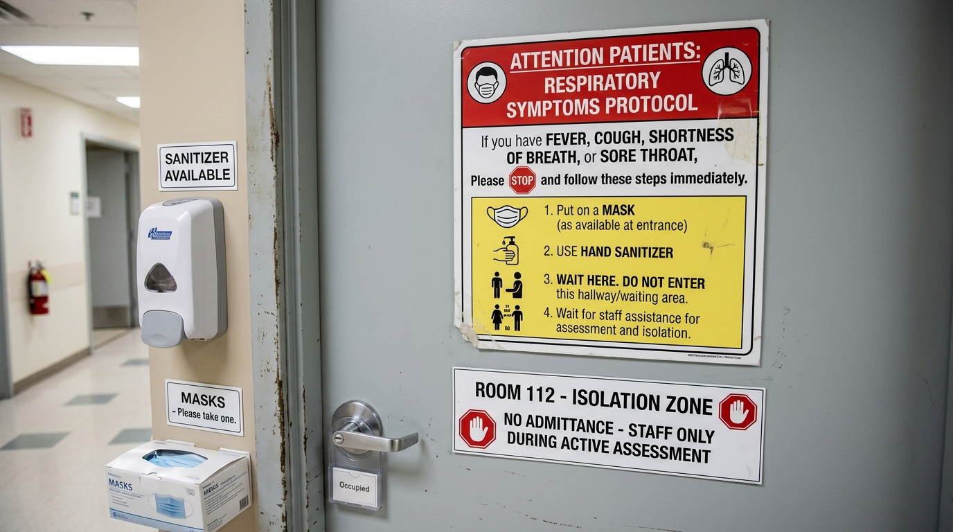 A close-up view of a medical clinic door with a sign indicating