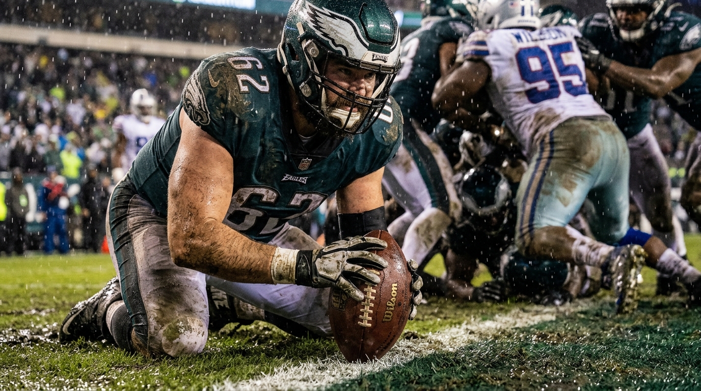 A close-up shot of a football player in heavy rain, mud on