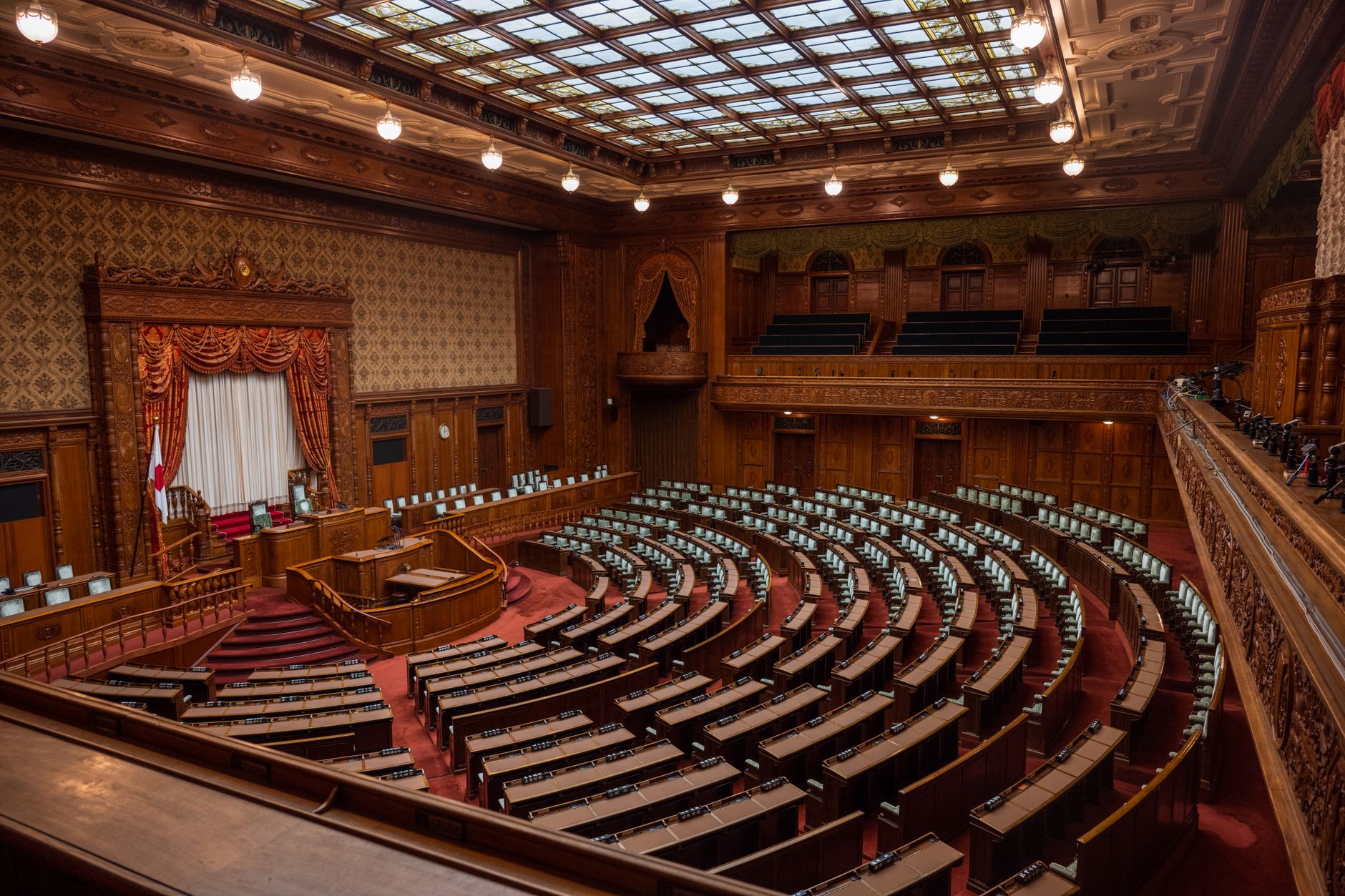 Captivating wide-angle view of a classic legislative assembly hall with ornate wood