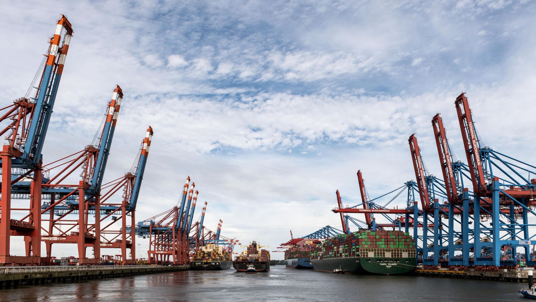 Wide view of container ships and cranes at Hamburg port under a