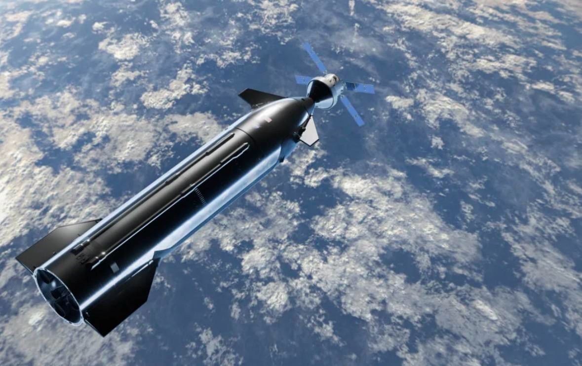 A giant chrome rocket and a small space capsule dock in low