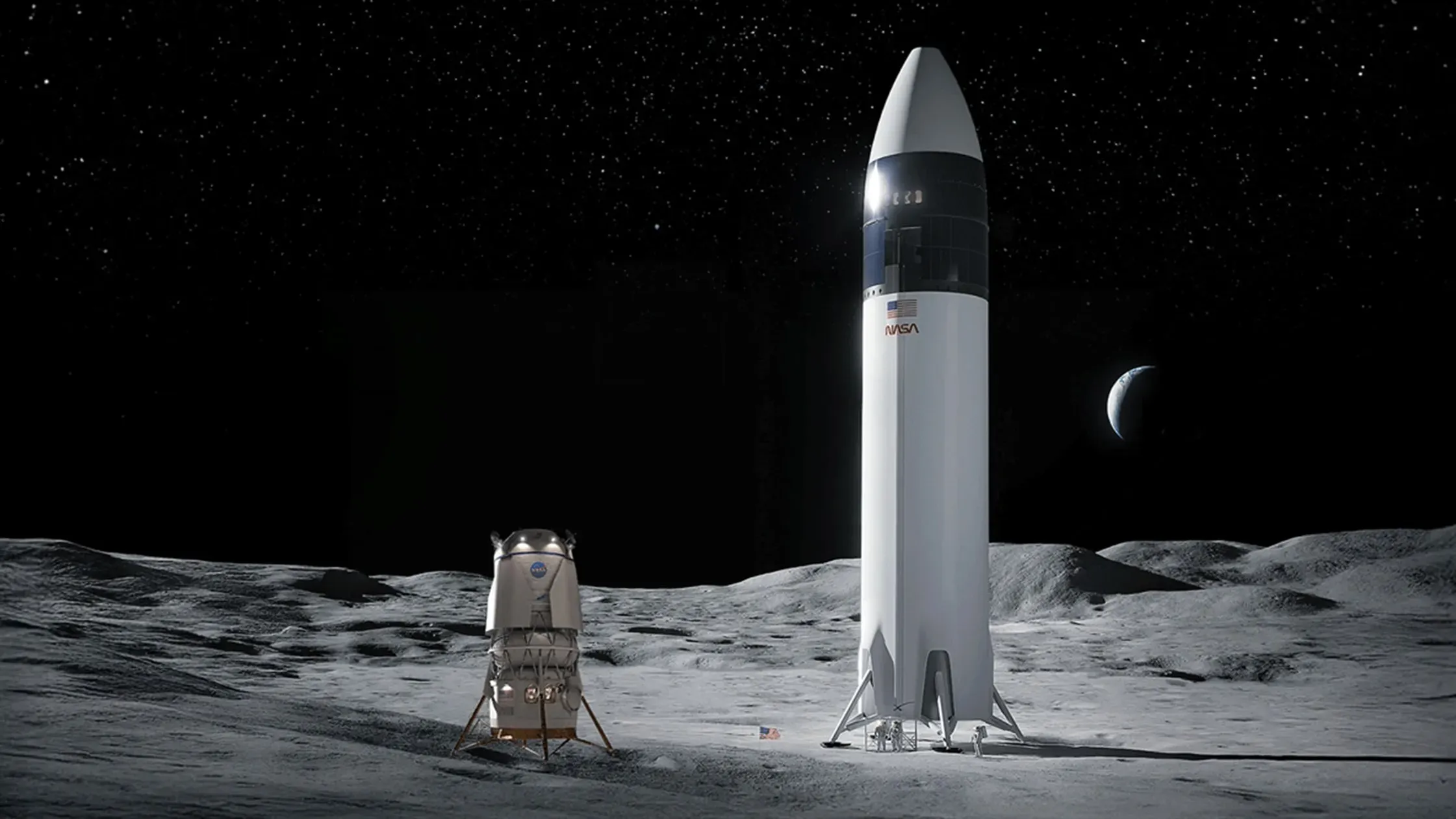A composite image of Blue Origin’s Blue Moon lander (left) and SpaceX’s