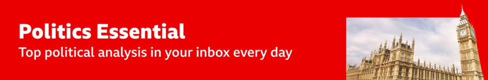 Thin, red banner promoting the Politics Essential newsletter with text saying, “Top