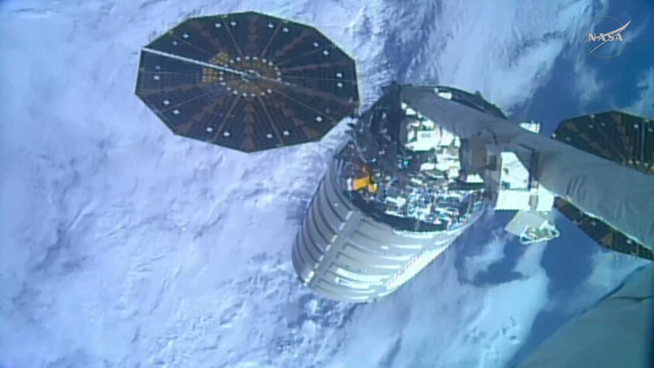 Northrop Grumman’s Cygnus XL cargo craft is pictured installed to the Unity