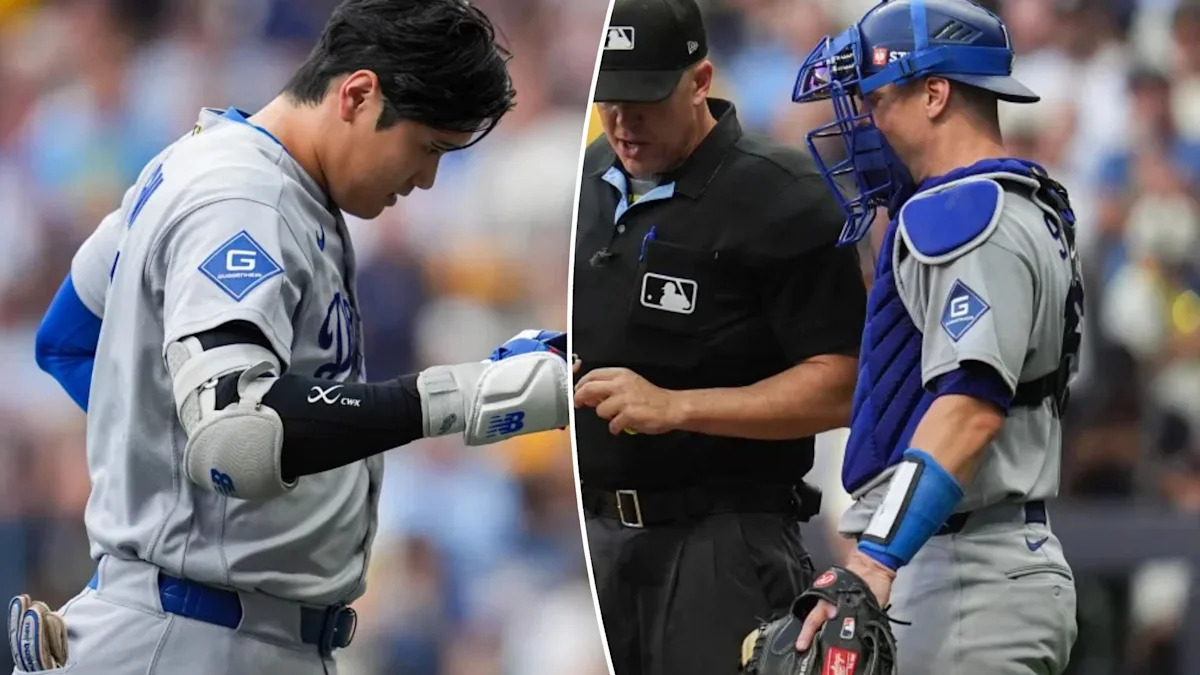 An image collage containing 2 images, Image 1 shows Los Angeles Dodgers designated hitter Shohei Ohtani walks back to the dugout, holding his helmet, Image 2 shows Home plate umpire Chris Segal talks