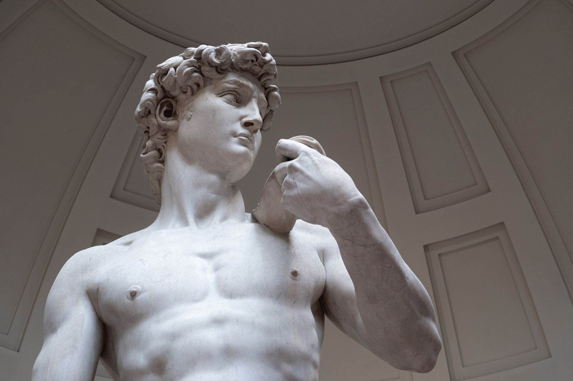 Close-up of Michelangelo's David sculpture in Florence, capturing intricate details.