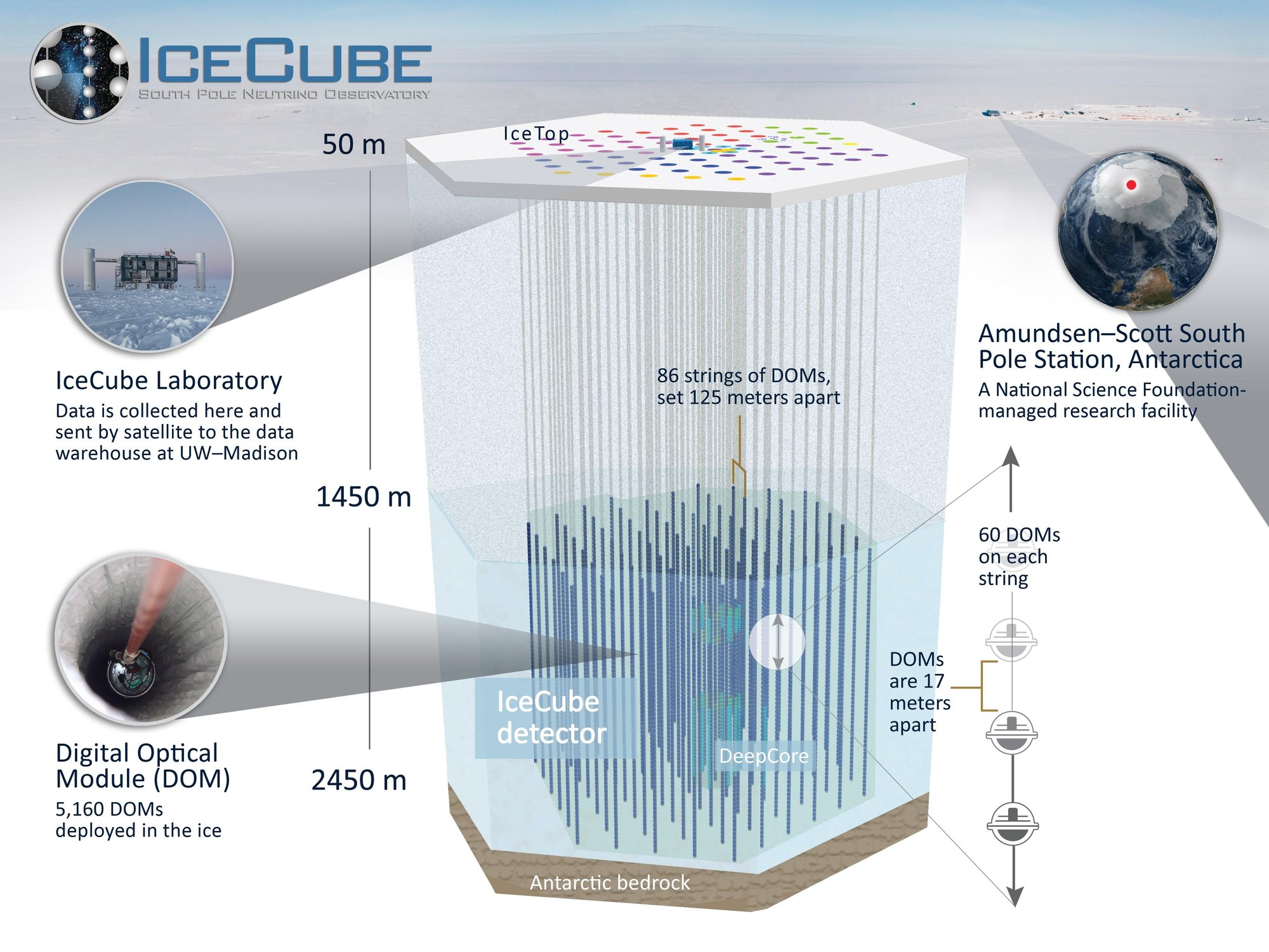 A schematic of a neutrino detector showing the structure of the instrument